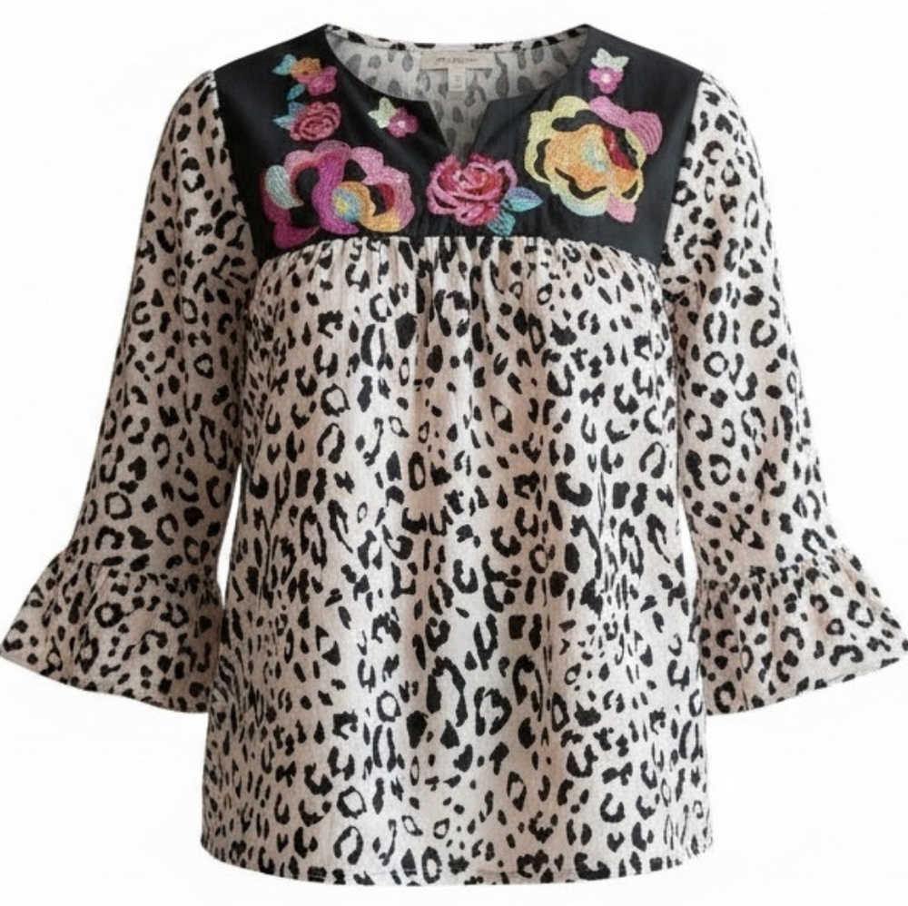 SAVANNA JANE | Maximalist Boho Animal Print Floral Embroidered A-Line Top | L